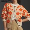 Floral Jacquard Autumn/Winter Women's Sweater Elegant Button-Front Long-Sleeved Knitted Cardigan