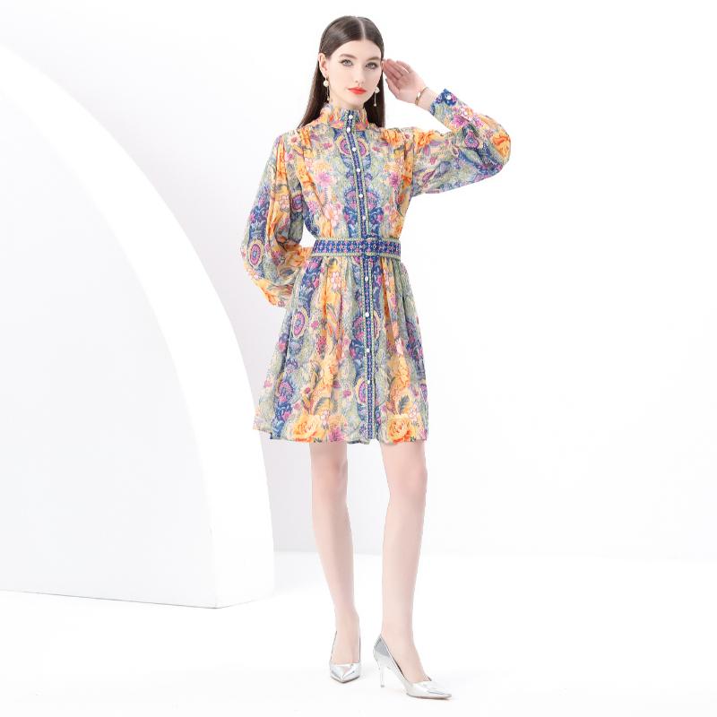 Spring Summer Women Plus Size Single Breasted Retro Print Oversize Mini Short Party Dresses with Belt