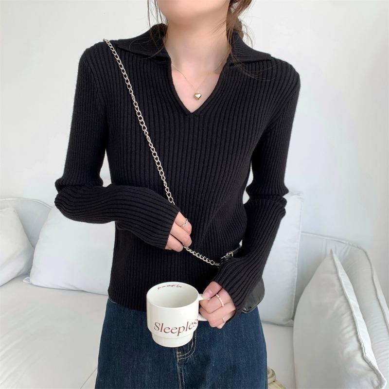 Polo Collar Long-sleeved Knitted Sweater Women's Clothing Early Autumn New Waist Slim-fit Sweater with Bottoming Shirt Top