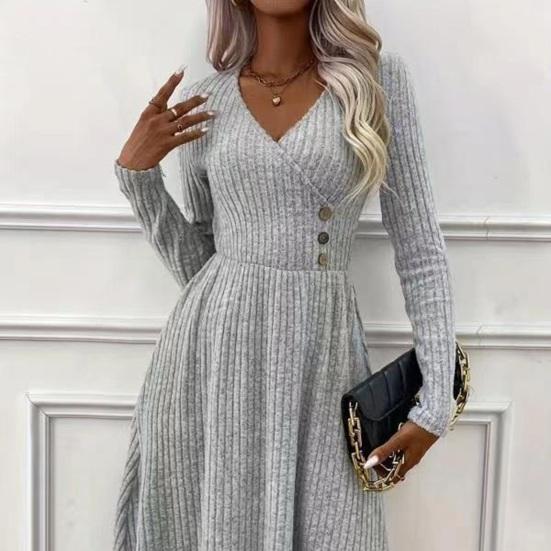 Autumn Winter Sweater Dress V Neck A-line Knitted Button Decor Patchwork Long Sleeves Big Hem Midi