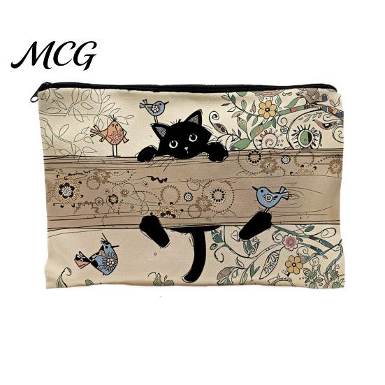 Leak-proof Storage Pouch Cat Printed Bag, with Smooth Zipper, Thickened Polyester Black Zipper Bag Makeup Multipurpose Pencil Case Travel Toiletry