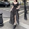 French Square Collar Floral Dress Women's Summer 2024 New Waist Mid-length Slit A-line Long Dress