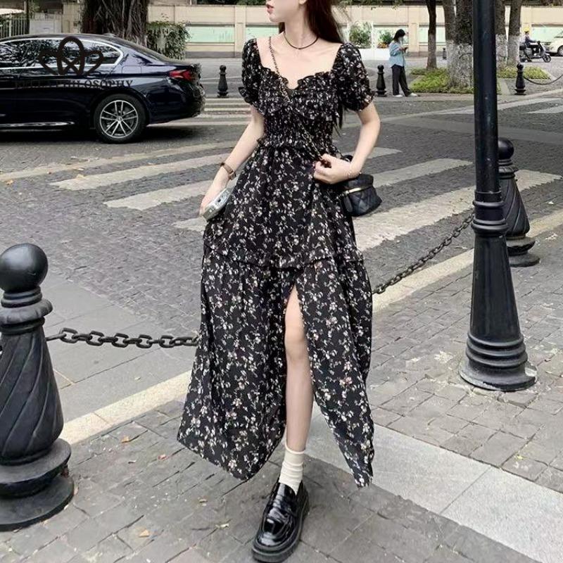 French Square Collar Floral Dress Women's Summer 2024 New Waist Mid-length Slit A-line Long Dress