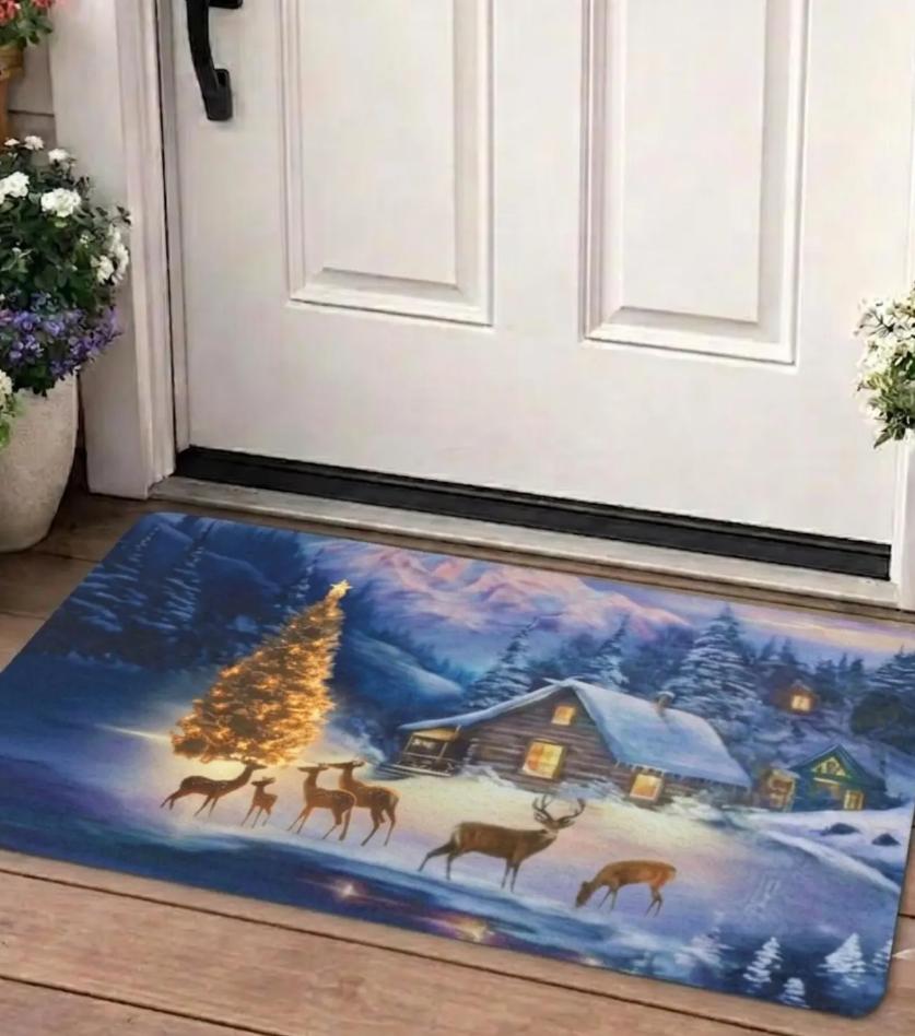 Christmas Cardinal Doormat Buffalo Plaid Wreath, Anti-Slip Indoor Outdoor Mat Door Decor Holiday Gift, Non Slip Doormat