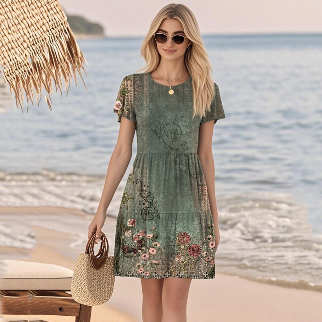 Women's Fashion Summer Ruffle Short Round Neck With Pocket Casual Dresses