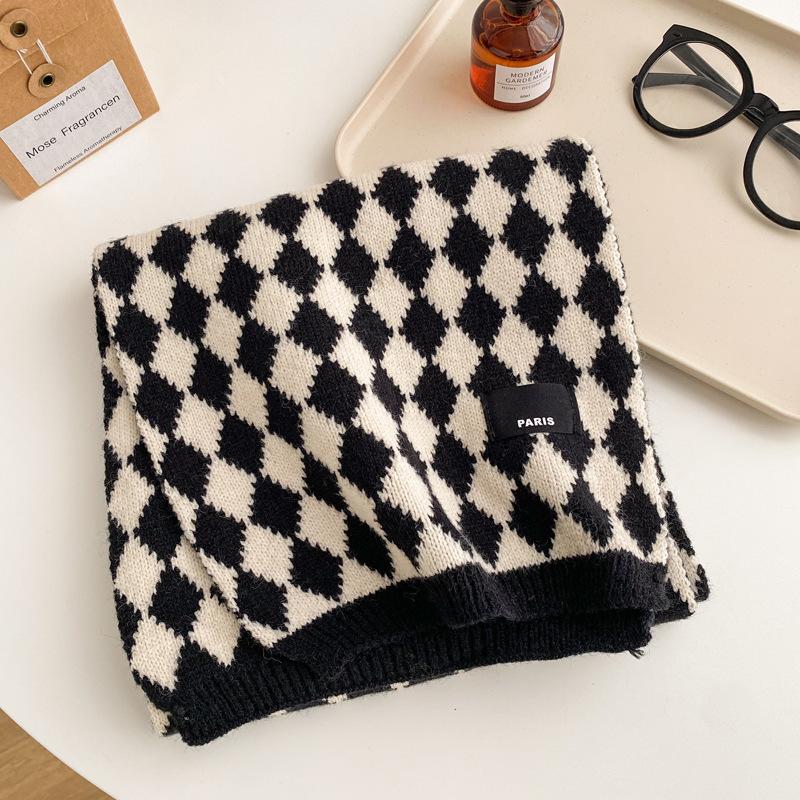 Blue Checkerboard Wool Small Scarf Female Winter Warm Versatile Student Couple Short Scarf