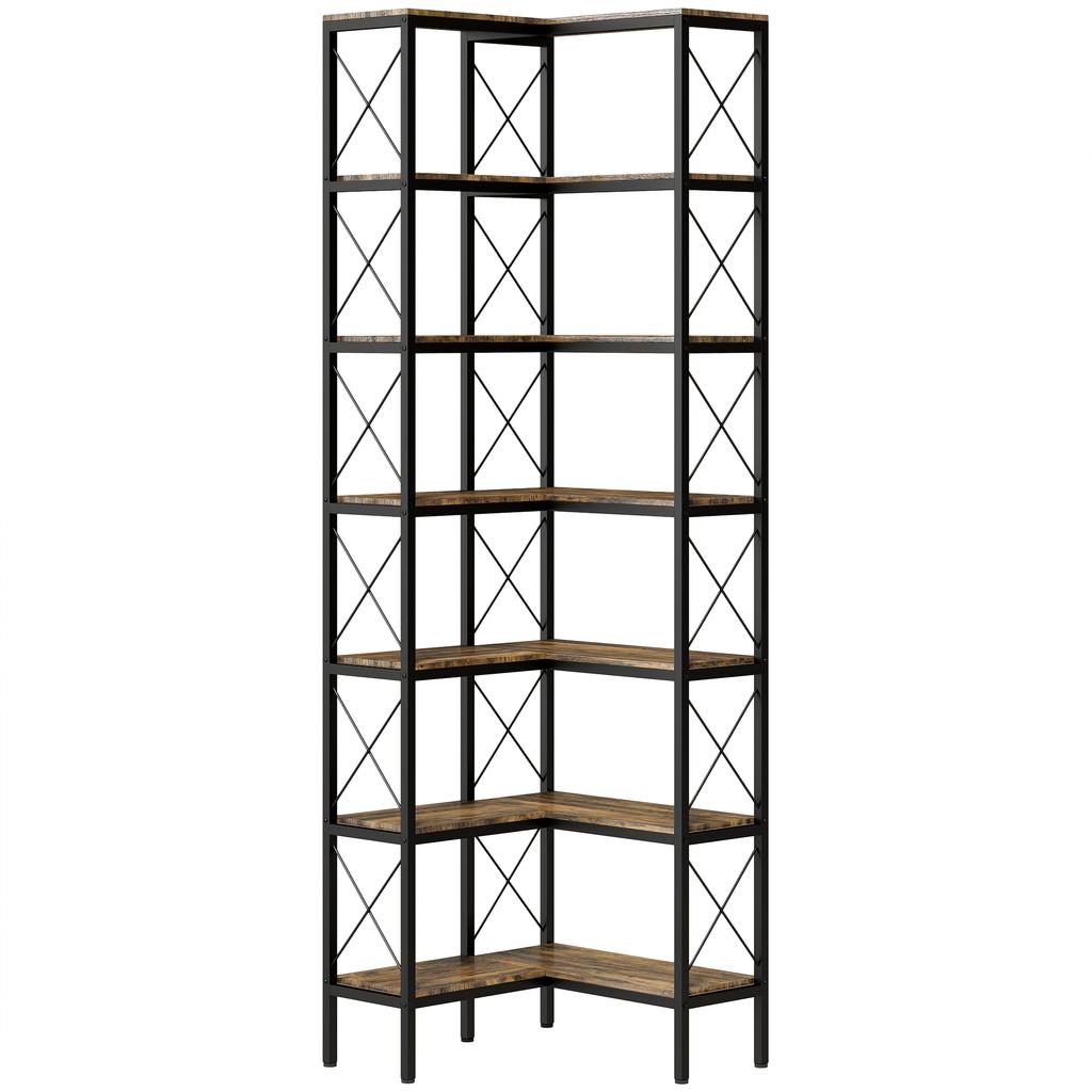 6-Tier L-Shaped Bookshelf, Freestanding Corner Bookcase with Metal Frame, Rustic Brown