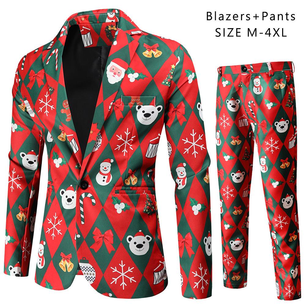 Print Suits Fashion Merry Christmas Men's Suits Jackets Casual Suit 2 Piece Suits(Blazers + Pants) Christmas Gift Set Men's Christmas Print Set Party