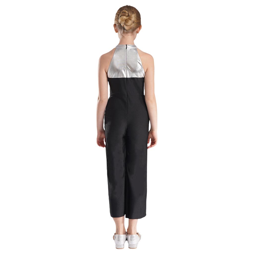 Kids Girls Sparkly Dance Jumpsuit Metallic Patchwork Rhinestone Color Block Design Sleeveless Stage Wear
