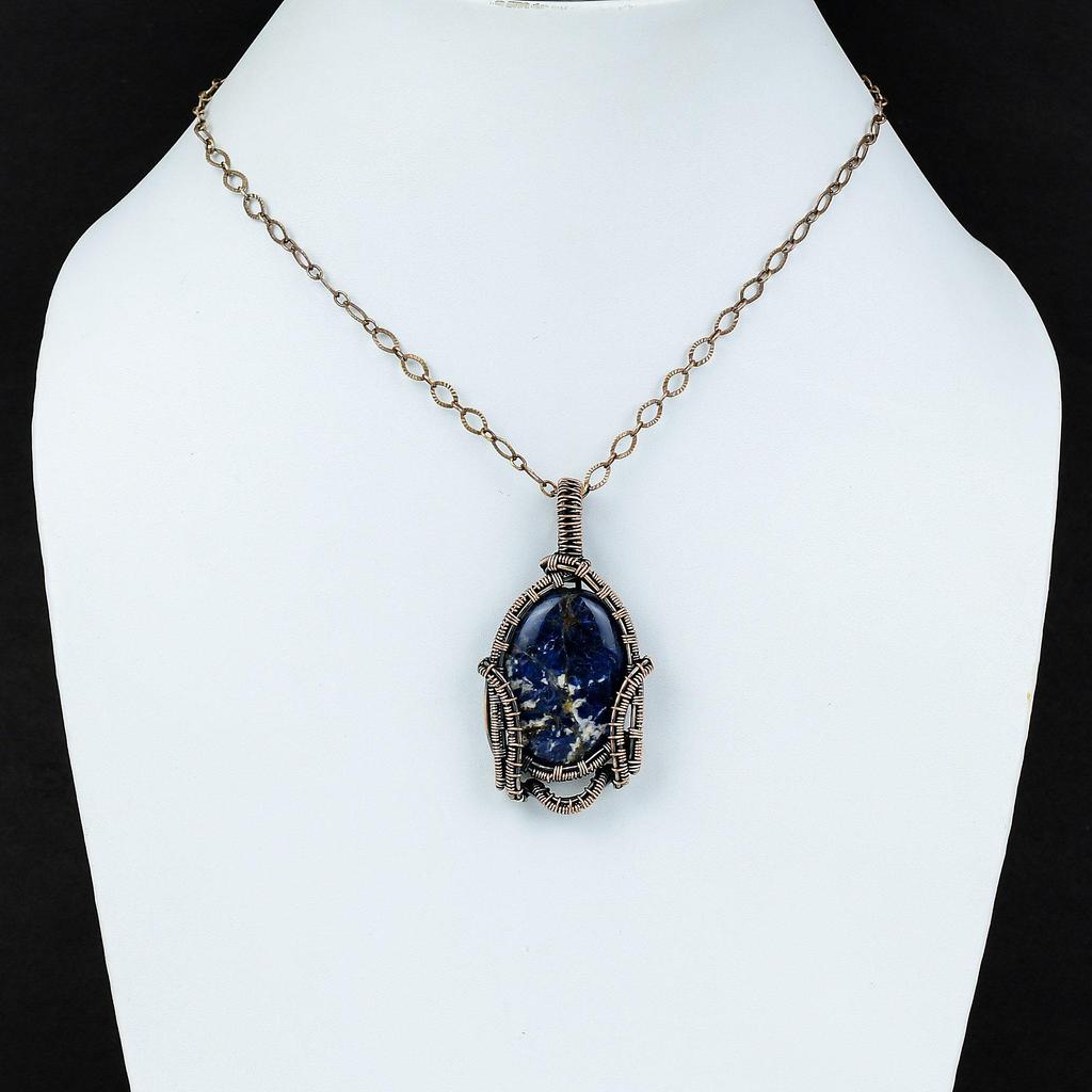 Подвеска из содалита, обернутая медной проволокой, изящная подвеска из драгоценного камня, ювелирное изделие ручной работы из содалита, кулон из лечебного камня, медное ювелирное изделие для подарка