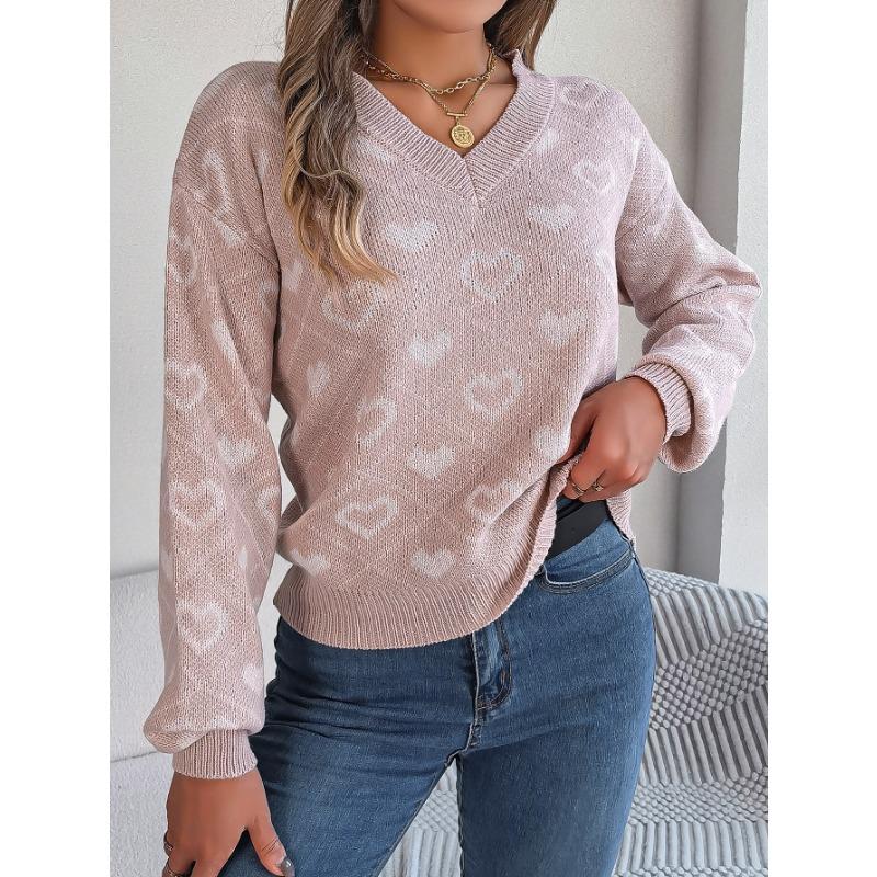 Women's Autumn and Winter Sweet Color Collision Love Lantern Sleeve Pullover Sweater