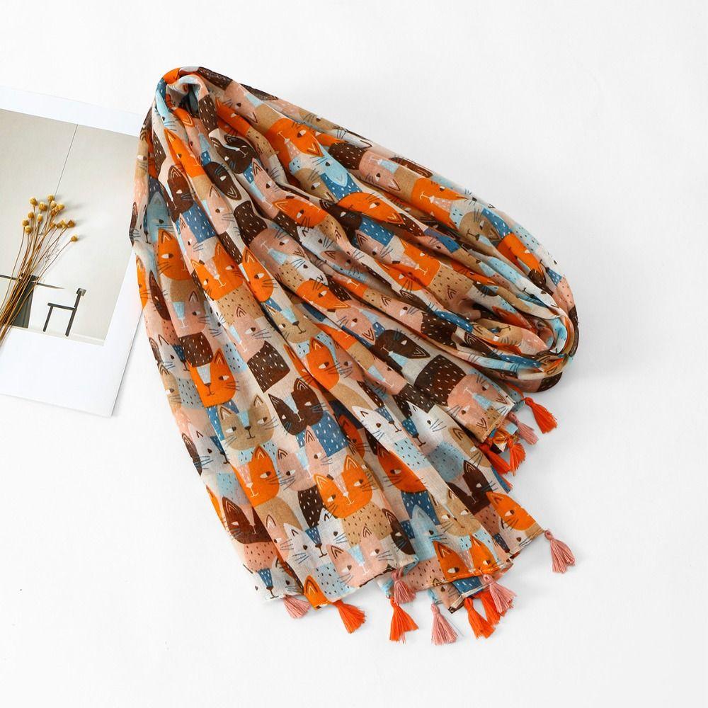 Bohemian Cat Pattern Tassel Scarf Long Animal Print Scarves Elegant Ethnic Style Wrap Female