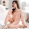Pajamas Women'S Pure Cotton Long-Sleeved Cotton Crew Neck Cardigan Loungewear Set