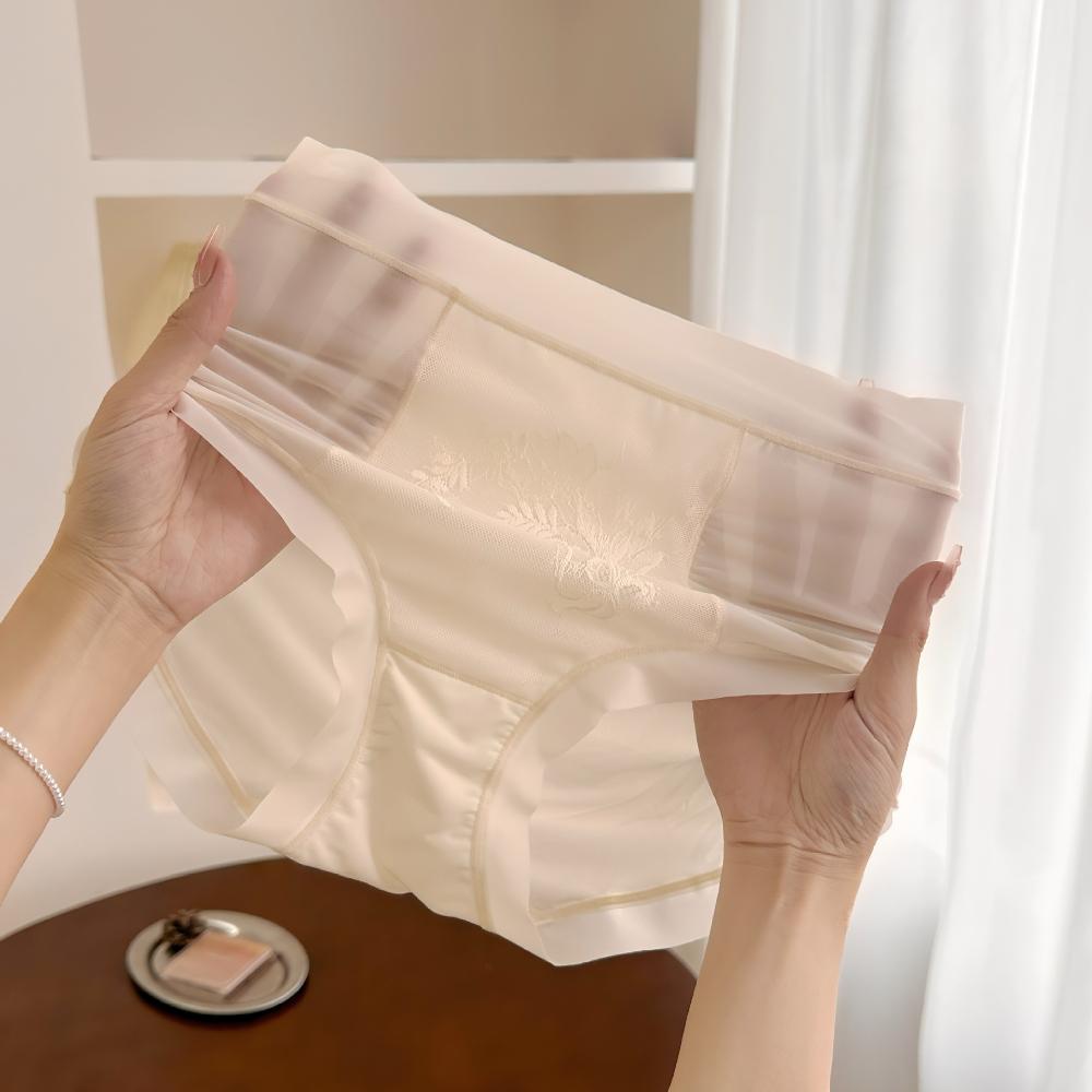 Antibacterial Ice Silk Seamless Women's Underwear High Waisted Jacquard Lace Breathable Plus Size Silk Antibacterial Crotch Triangle Pants