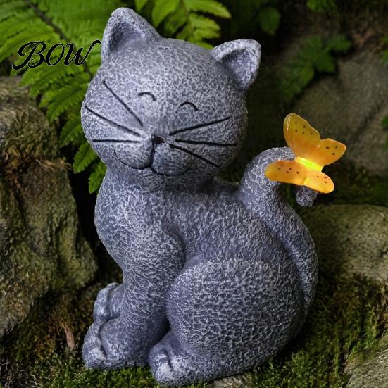 Healing Cat Statue with LED Solar Garden Statue, Cute Sculpture Butterfly Light, Waterproof Resin Animal Figurine for Lawn Patio Yard Pathway