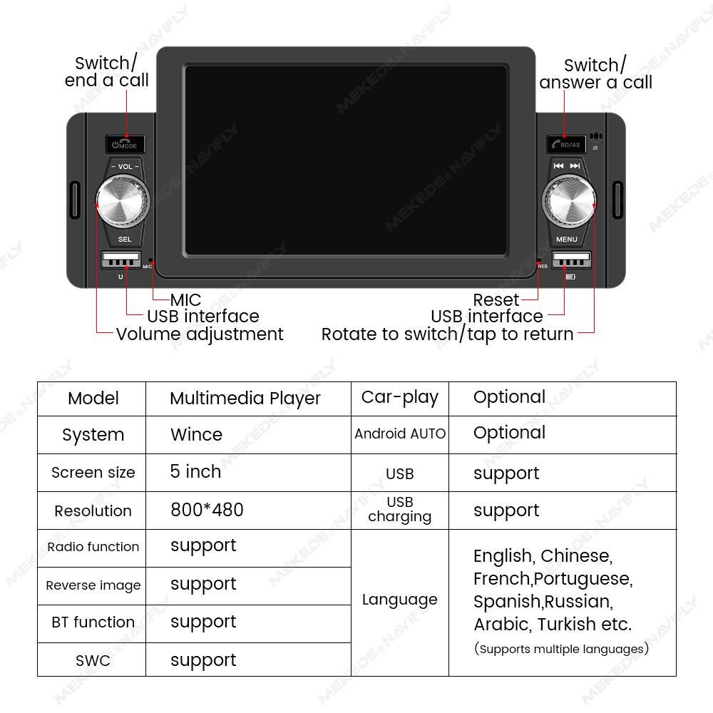 Navifly 5" Touch Screen 1 Din MP5 Player Universal Car Radio Multimedia Player Wireless Carplay Android Auto FM Stereo Receiver