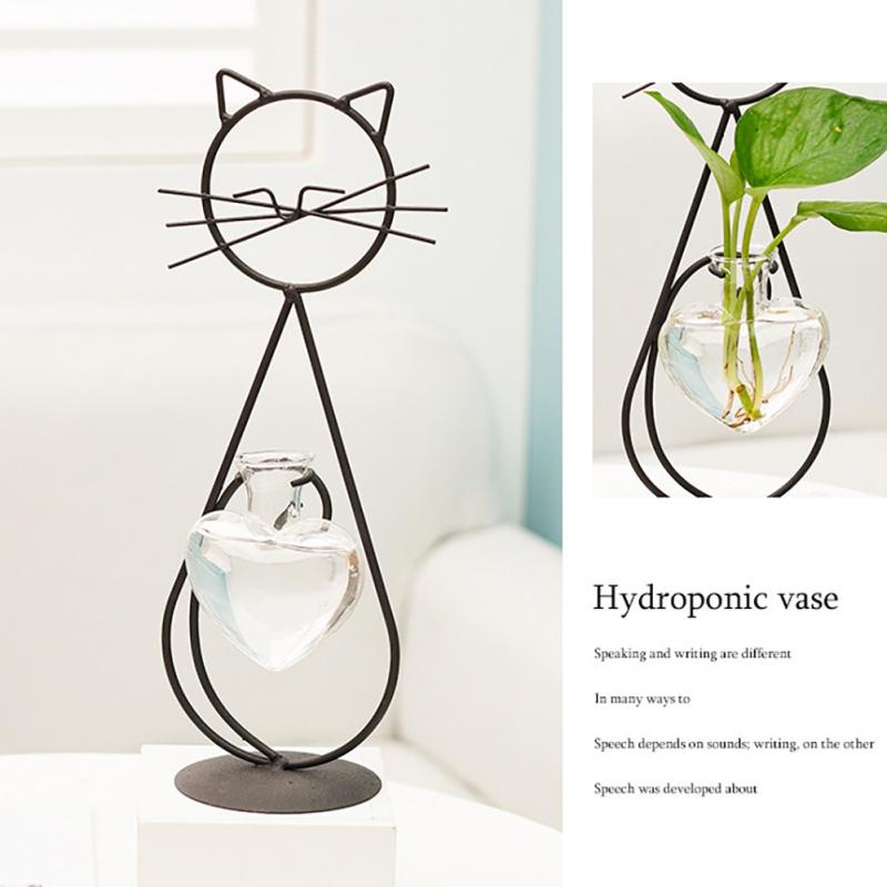 Hydroponic Glass Heart Vase With Metal Holder Hand Welded High Temperature Baking Paint Lovely Cat Shape Cute And Dynamic