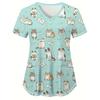 Medical Uniform for Women Cute Cat and Dog Print V-Neck Clinical Uniform Short Sleeve Patch Pocket Tops Surgical Uniforms Woman
