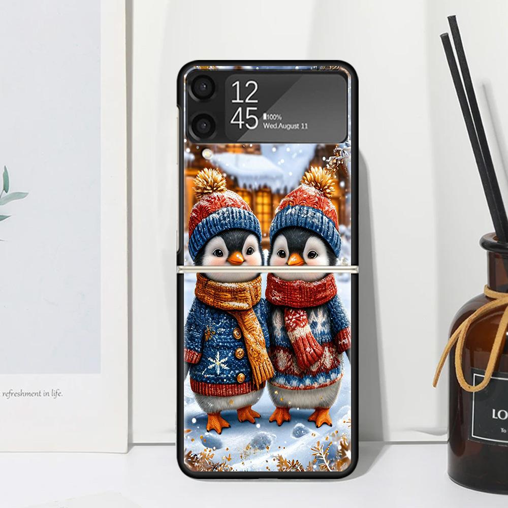 Christmas Penguin Phone Case Cover for Samsung Galaxy Z Flip 7 6 5 4 3 5G Flip3 Flip4 Flip5 ZFlip6 ZFlip7 Black Fundas Galaxy Z