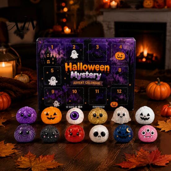 Halloween Squeeze Toys Advent Calendar, 12 Day Countdown with Soft Bun Party Favors Toys, Includes Ghost Pumpkin Sensory Fidget for Stress Relief