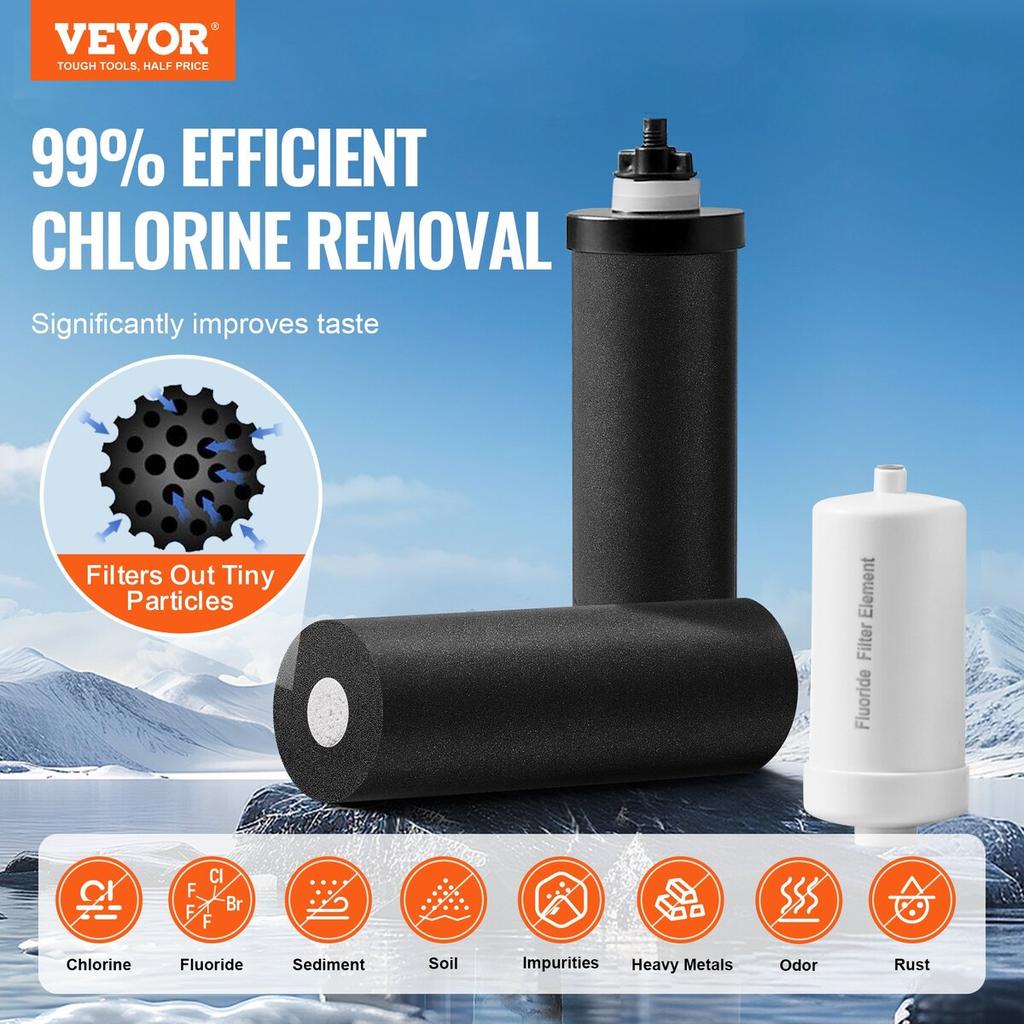 Gravity-fed Water Filter System, 2.25G 304 Stainless-Steel Countertop Filtration System, Reduces Lead and up to 99% of Chlorine, with 2 Activated