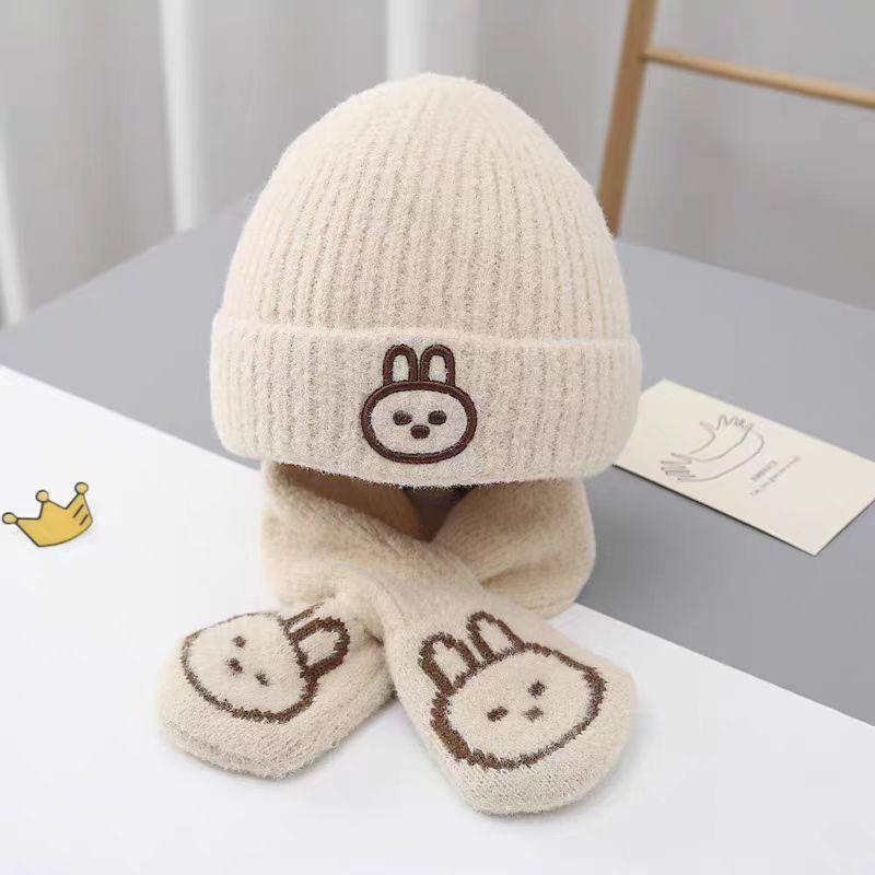 Autumn and Winter Children's Hat Boy Bear Wool Hat Girl Knitted Cotton Warm Baby Hat Scarf Two-piece Set
