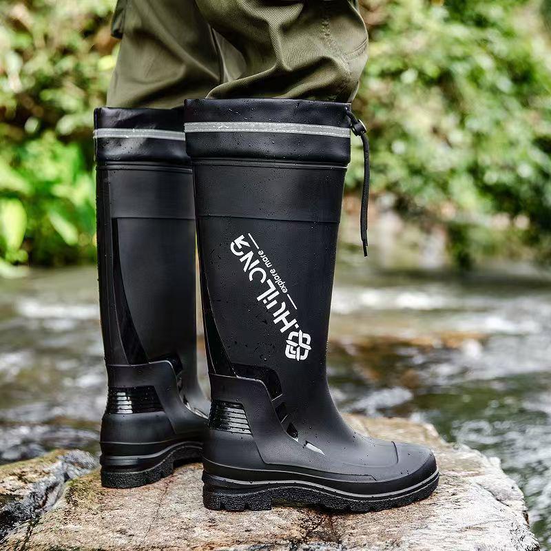 Stylish Men's Non-Slip Waterproof High-Top Rain Boots with Drawstring - Long Tube Fishing Wear-Resistant