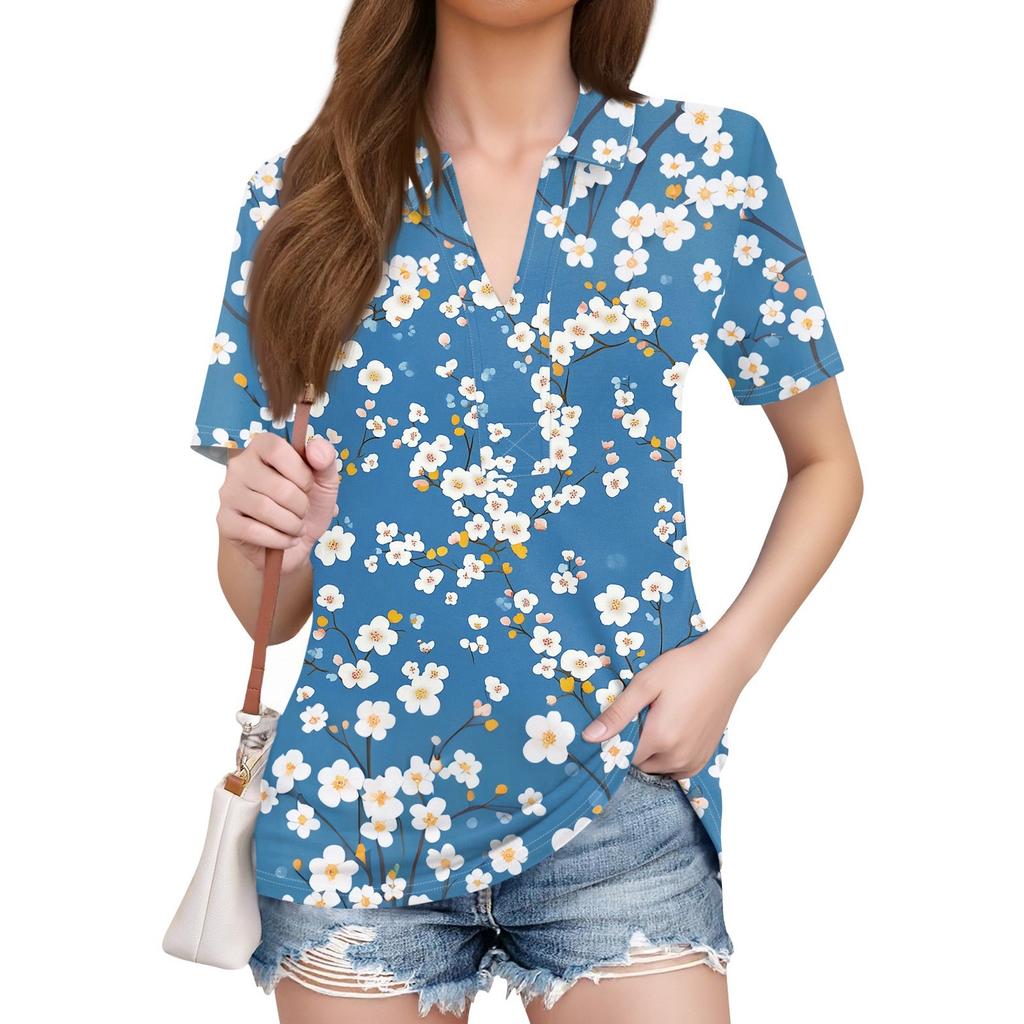 Женская мода повседневная рубашка с коротким рукавом и лацканами, женские топы с V-образным вырезом