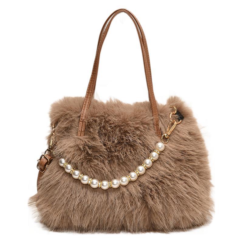 2025 Autumn and Winter New Plush Handbag Fashion Pearl Chain Messenger Bag High Value Small Square Bag