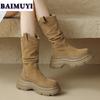 Женские полусапожки на плоской подошве, брендовая обувь 2025 года, модные высокие сапоги из плиссированной замши, зимние повседневные ботинки для ходьбы, женские ботинки
