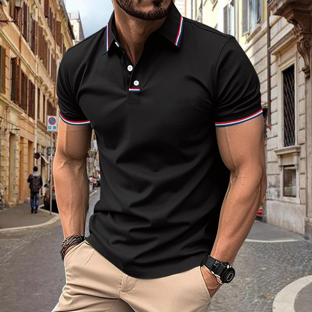 New Arrival Men's Casual Polo Shirt Collar Patchwork with Ribbed Trim Button-Front Business Solid Colour Versatile T-Shirt