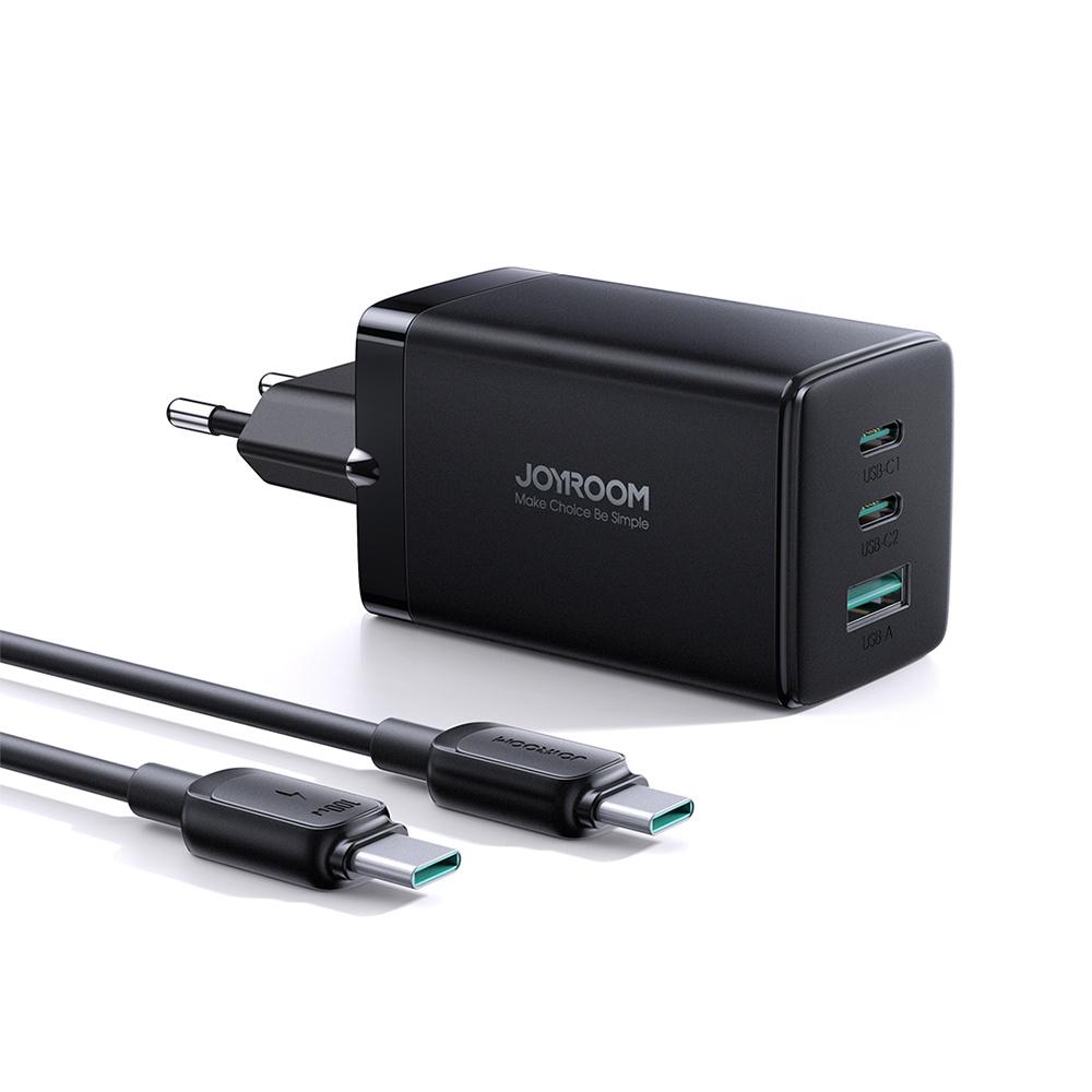 Joyroom 65W GaN Triple-Port Fast Charger with Dual USB-C & USB-A, Includes 100W USB-C Cable (1.2m, Black)