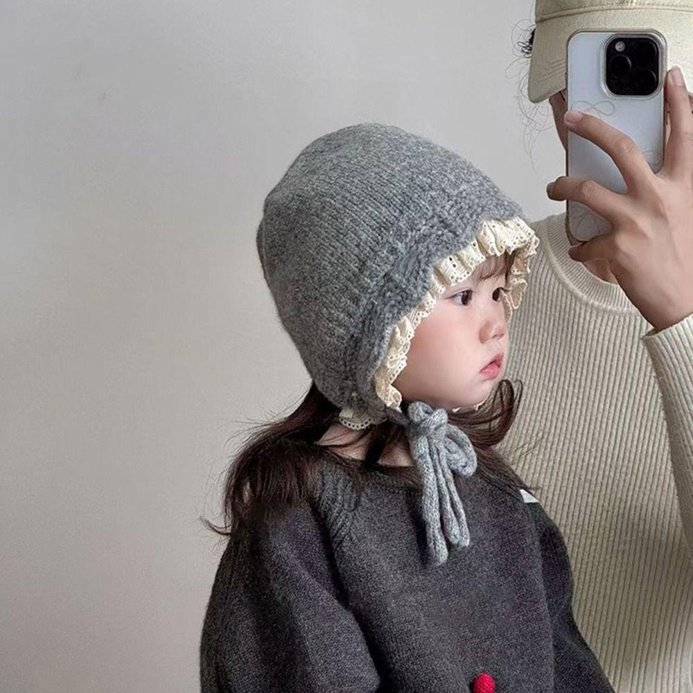 Lace Up Design Warmer Beanie Cap Windproof Outdoor Thick Ear Protection Bonnet  Girls