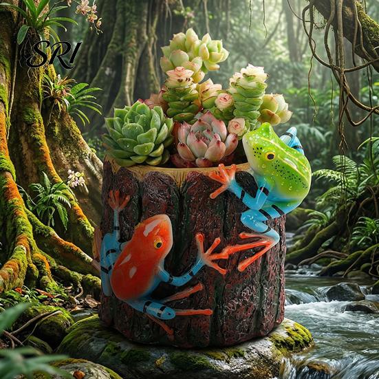 High-detail Painted Pot Tree Stump Shape Planter Resin Decorative Flower with 2 Frogs Cute Small Cactus Container for Home Office Desk Balcony Indoor
