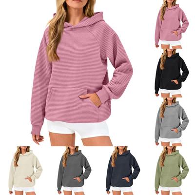 Свитшоты с длинным рукавом для женщин, свободные повседневные однотонные туники с капюшоном, модные текстурные пуловеры, топы на осень с карманом