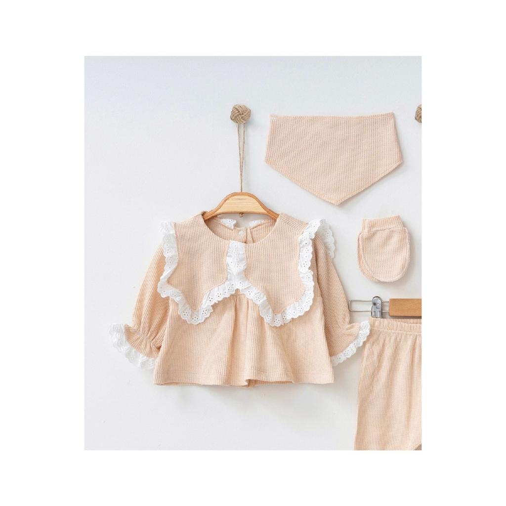 Комплект из 5 предметов для новорожденных 0–3 месяцев цвета бежево-бежевого цвета с фестончатым узором Hospital Release для девочек