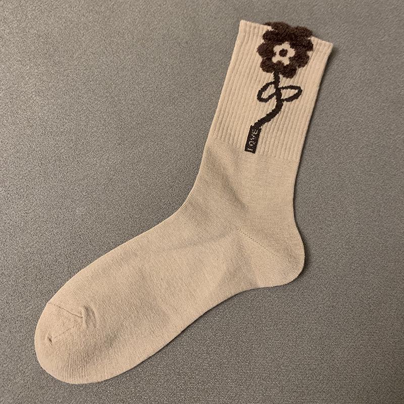 Женские модные носки средней длины с плюшевым медведем и цветком, осень/зима - Кофейный/черный