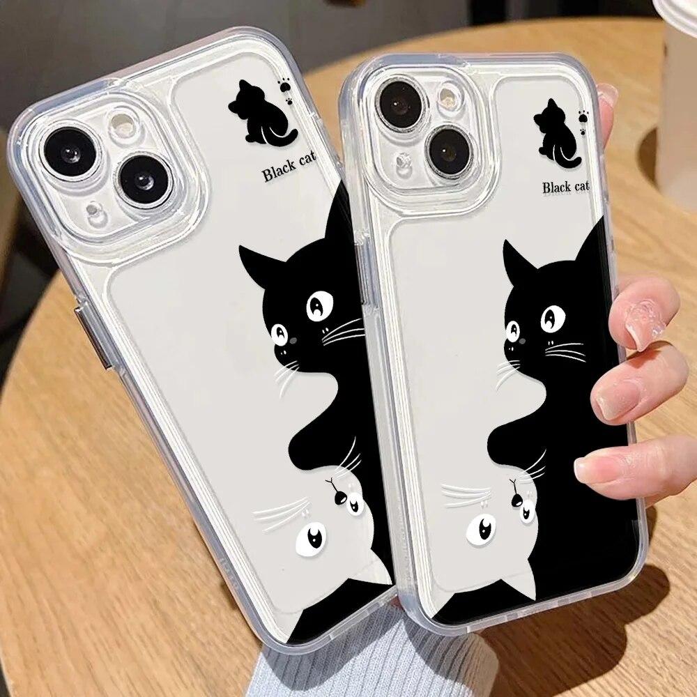 Чехол для телефона с черным котом для iPhone 15 14 Pro Max, чехол для iPhone 11 12 13 Pro Max XR X XS 7 8 14 15 Plus SE, силиконовый чехол с милым мультяшным рисунком