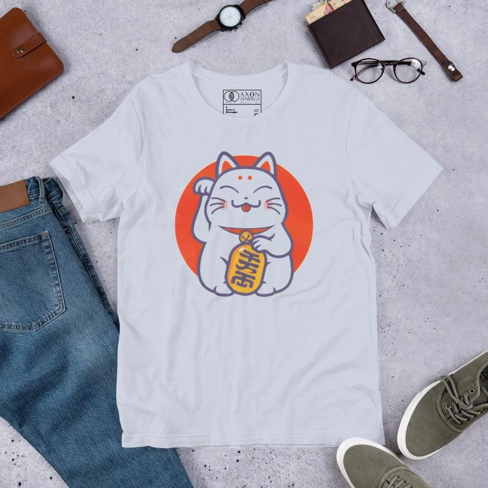 Japanese Maneki Neko Lucky Cat Tee Fortune Wealth Gold Coin Soft Cotton Tee