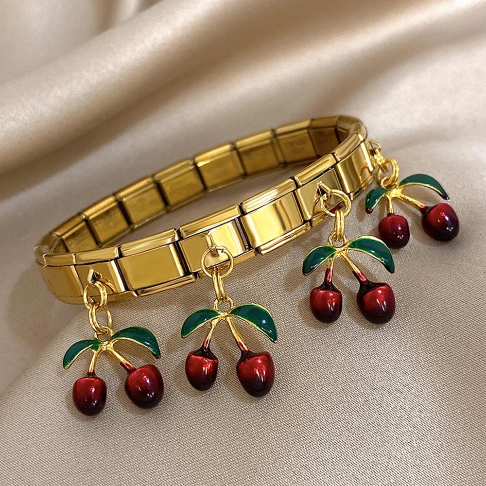 Geometric Square Stainless Steel Elastic Strap Bangle Bracelets for Women Strawberry Cherry Pendant Bracelets Hand Jewelry Gift