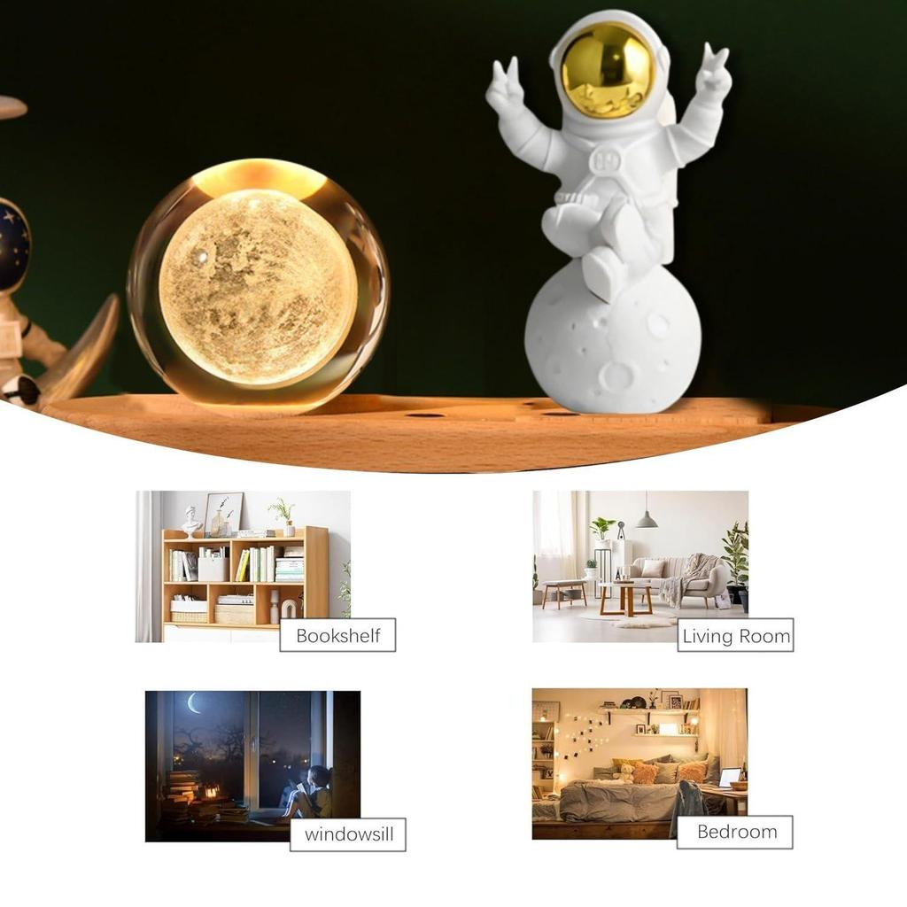 3D Хрустальная Лунная Лампа – Гравированный Светодиодный Светильник с Астронавтом, Питание от USB, Настольная Лампа, Деревянная Подставка, Романтичный Декор для Дома и Офиса