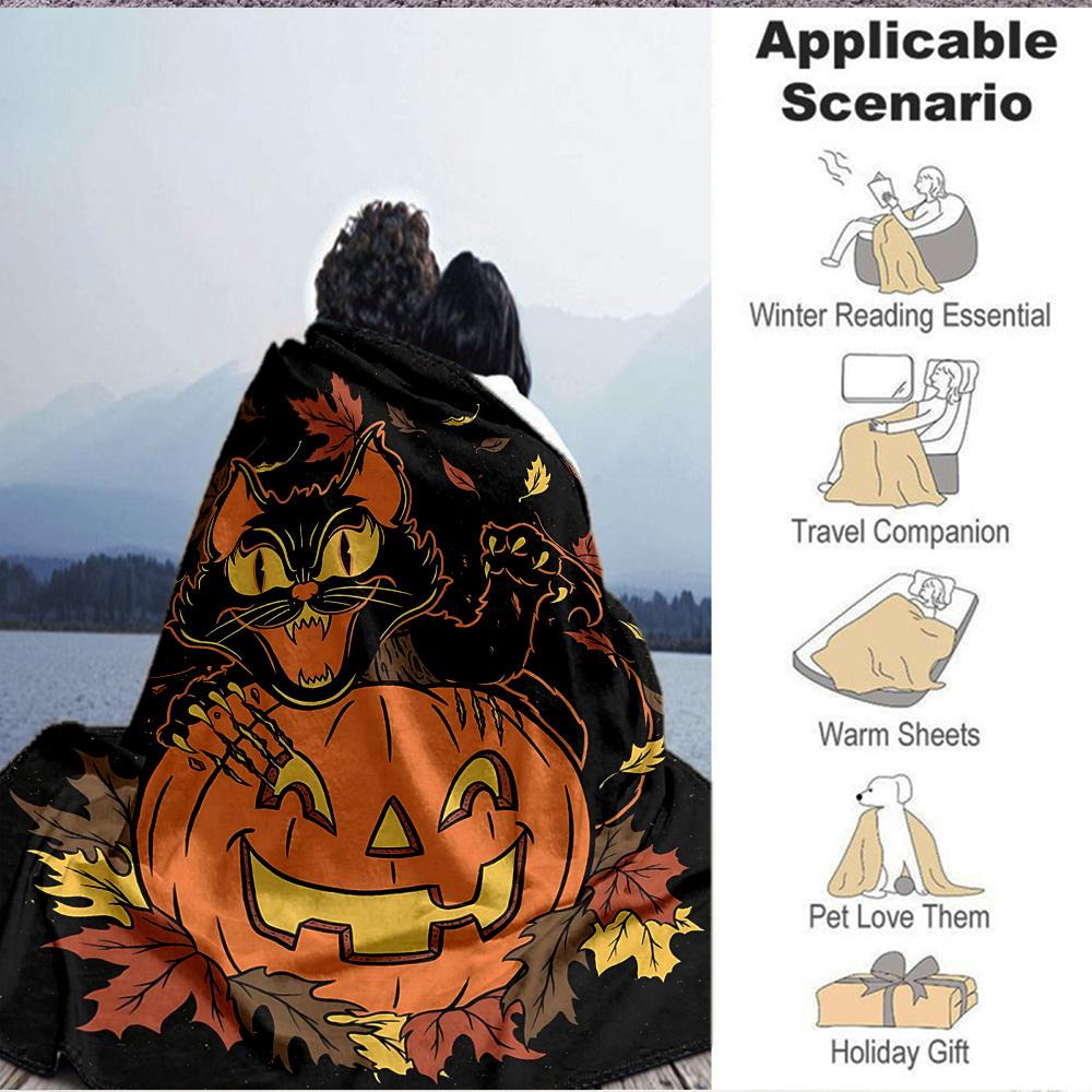 1pc Pumpkin Cat Blanket, Lightweight Flannel Throw Blanket for Sofa, Bed, Travel, Camping, Living Room, Office, Couch017