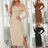 Women's Fashion Sexy Slant Shoulder Ribbed Knit Dress Slit Long Sleeve Wrap Hip Dresses