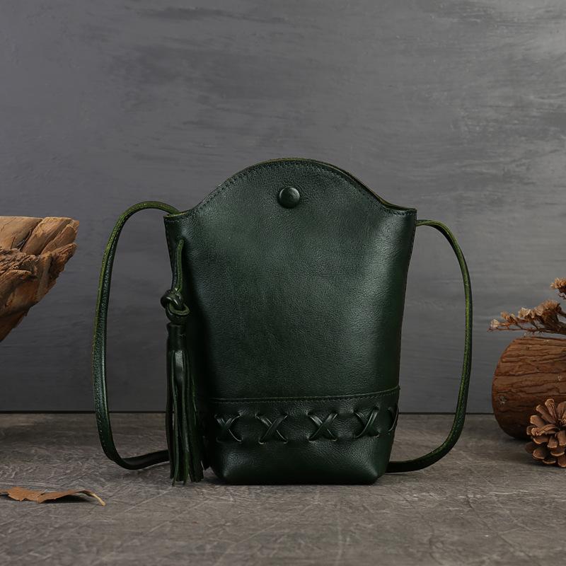 Женская сумка, винтажный верхний слой, плетеная сумка для телефона из коровьей кожи, мини-сумка через плечо на одно плечо, повседневная сумка-ведро с кисточками