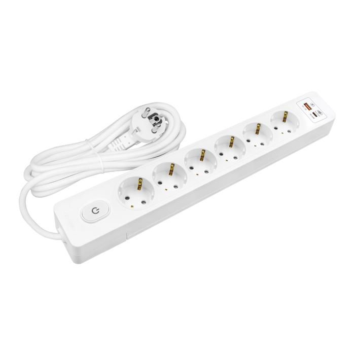 SELDUR G6TH32B Power Strip, 6 Type F Sockets + Switch, USB A+C Fast Charge 20W, White, 3m Cable