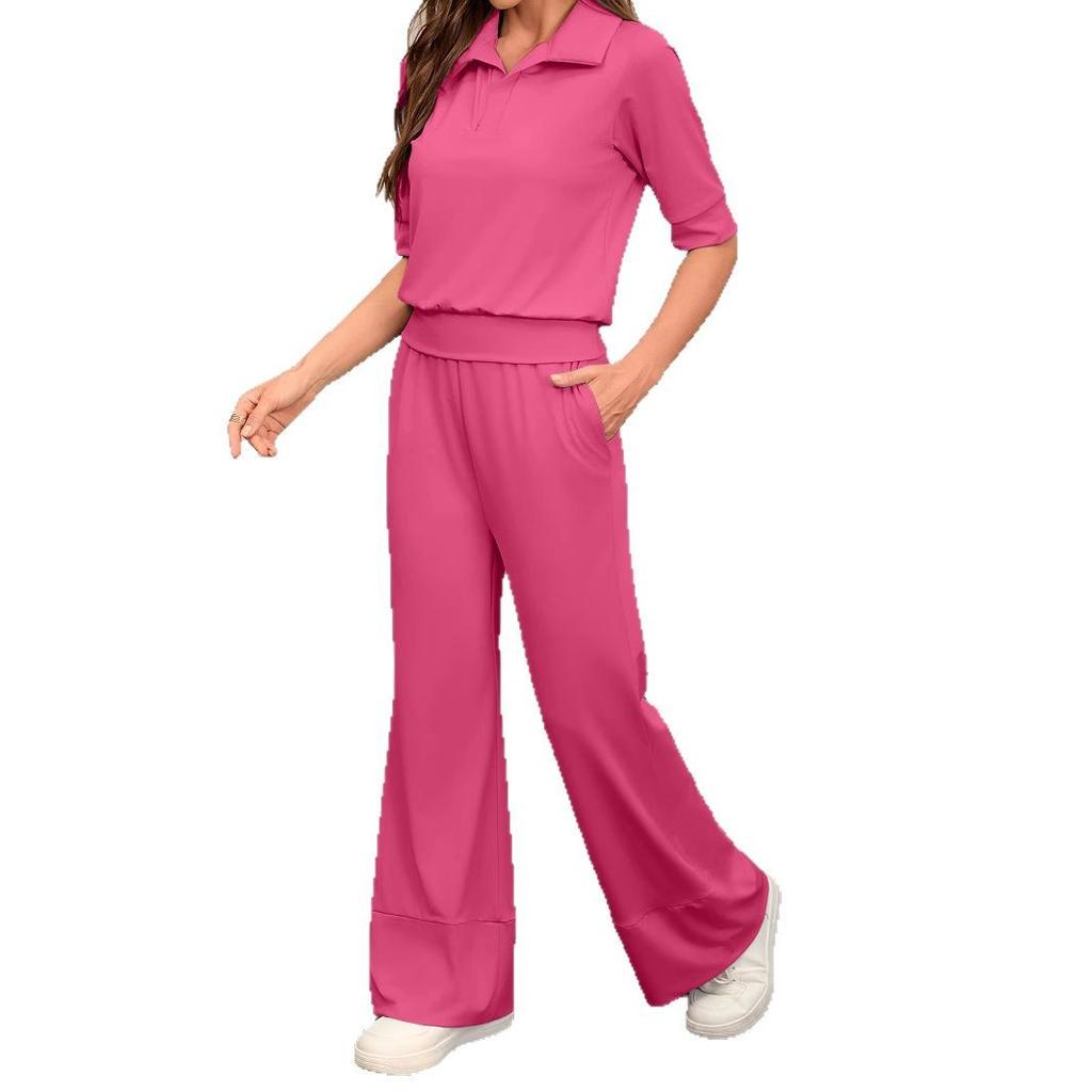  Комплект из 2 предметов. Женские повседневные брюки с короткими рукавами и лацканами, эластичные, широкие.