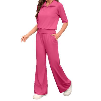 Женские повседневные комплекты из 2 предметов: однотонный топ с короткими рукавами и лацканами, эластичные широкие брюки