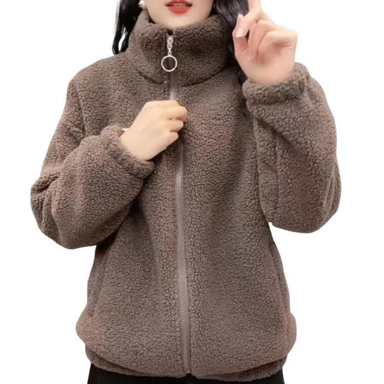 Весна-зима Женская куртка с воротником-стойкой, флисовая куртка на молнии с длинным рукавом, однотонный кардиган, сохраняющий тепло, спортивная верхняя одежда с карманами