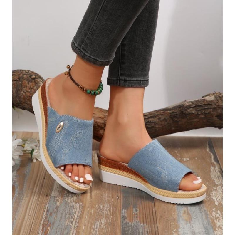 Мода Новая Мода Полосатые Платформенные Шлепанцы Женские Летние Холщовые Клиновые Сандалии Женские Большого Размера Нескользящие Повседневные Шлепанцы Zapatos Mujer