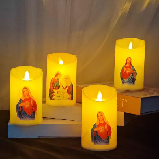 Светодиодные рождественские свечи, беспламенные мерцающие молитвенные лампадки, светильники с дизайном религиозных фигур для домашнего алтаря, церковного декора